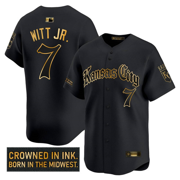 Men's Kansas City Royals #7 Bobby Witt Jr. 'Gothic Crown Edition' Gold Vapor Limited Stitched Baseball Jersey